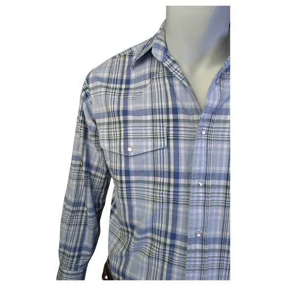Wrangler Plaid Pearl Snap Western Shirt Blue Green Cowboy Ranchwear | Size Large - Picture 5 of 7